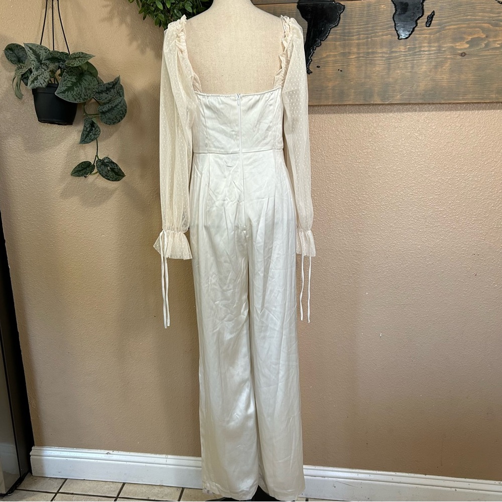 NWOT Lulus Gracefully Modern Ivory Satin Mesh Long Sleeve Bustier Jumpsuit - Picture 4 of 8